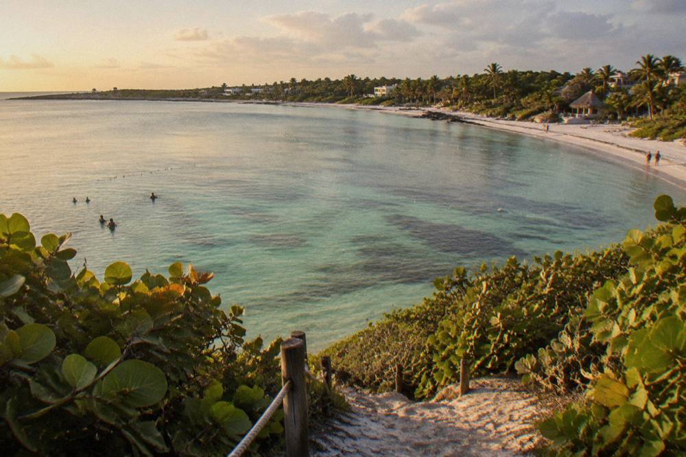 A wide view of a shallow protected bay with seagrass beds and distant buoys