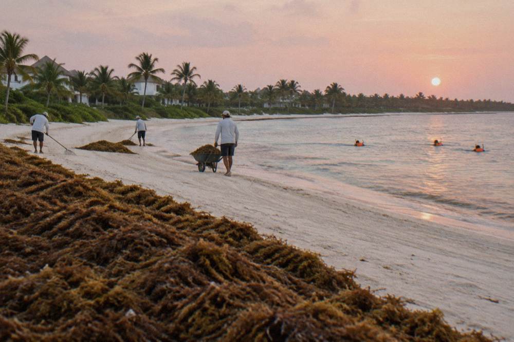 Workers raking sargassum seaweed into piles on a white sand beach in early morning light