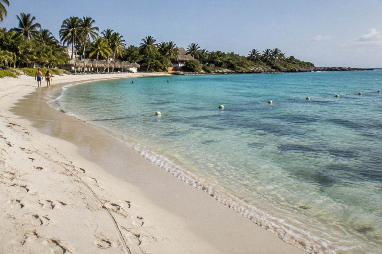 Calm turquoise bay with seagrass beds and a roped swimming area along a white sand beach