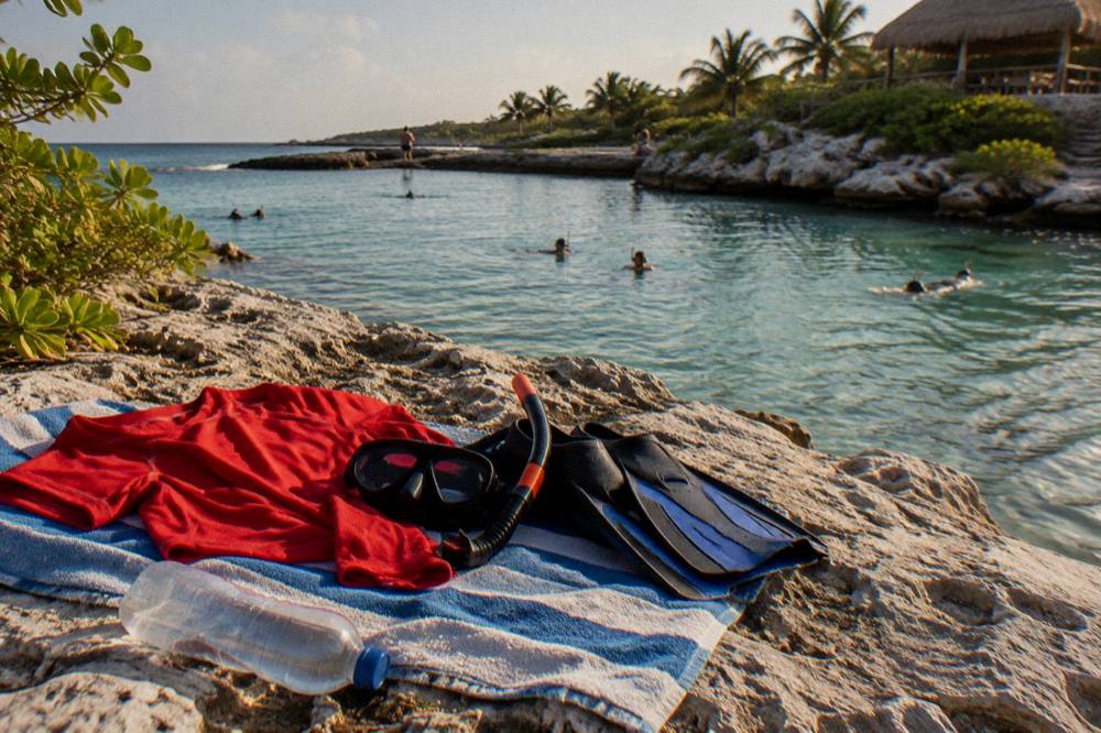 Rash guard, mask, snorkel and short swim fins laid out on a beach towel
