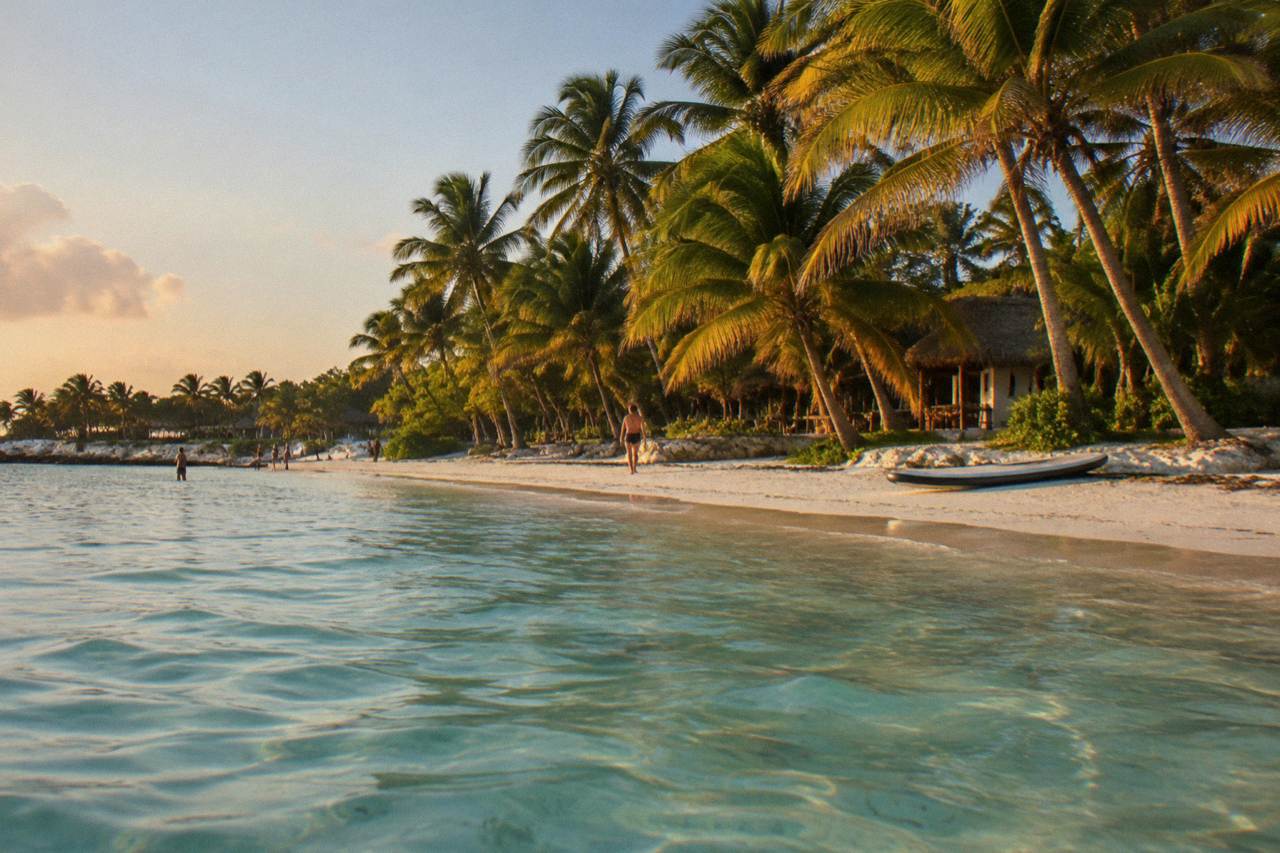 Calm turquoise bay with a sandy beach and coconut palms along the shoreline