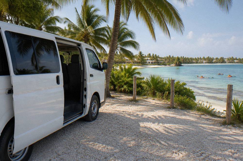 White shared van parked at a roadside stop beside a palm-lined street