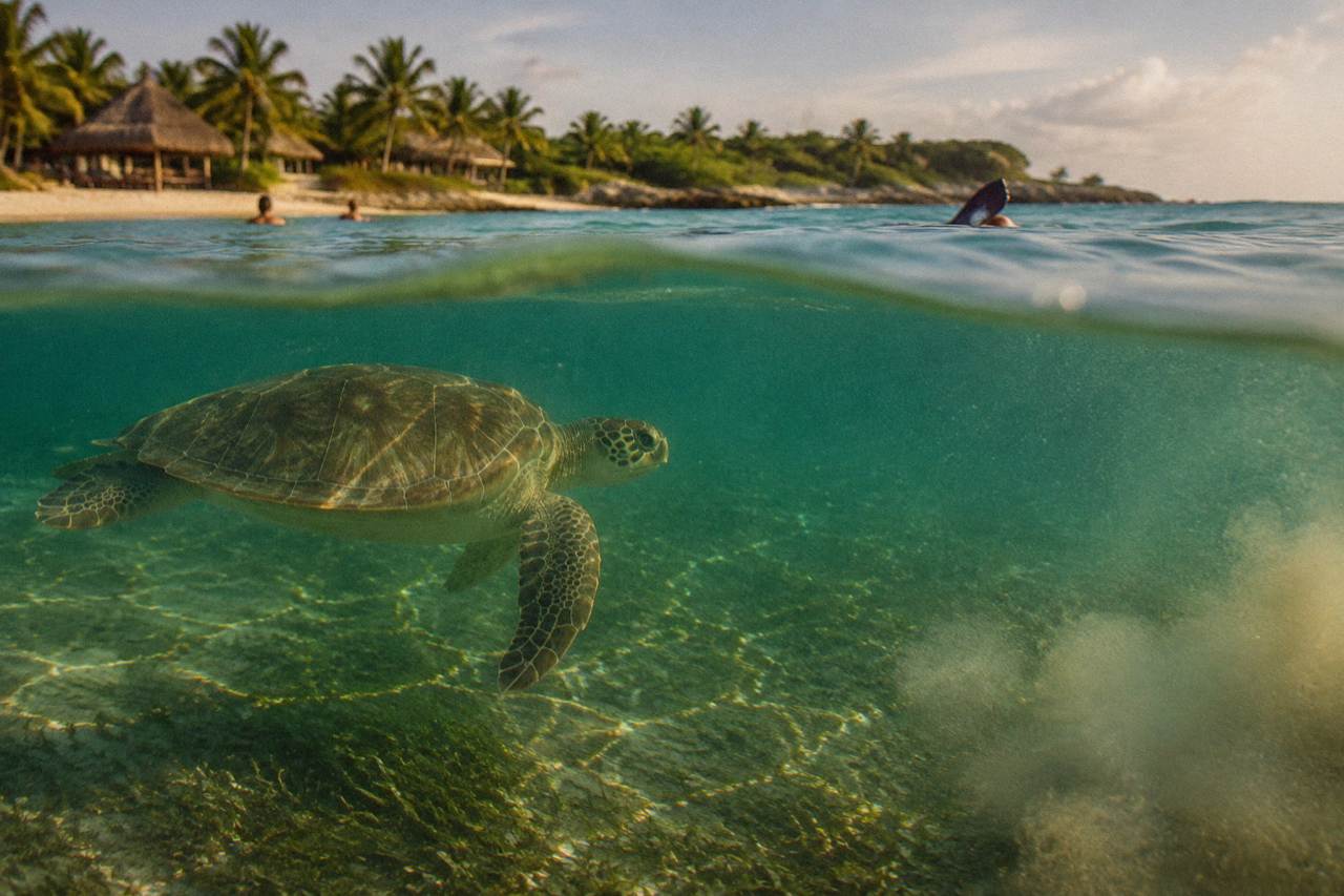 Calm turquoise water over a seagrass bed in Akumal Bay with a green sea turtle swimming near the surface