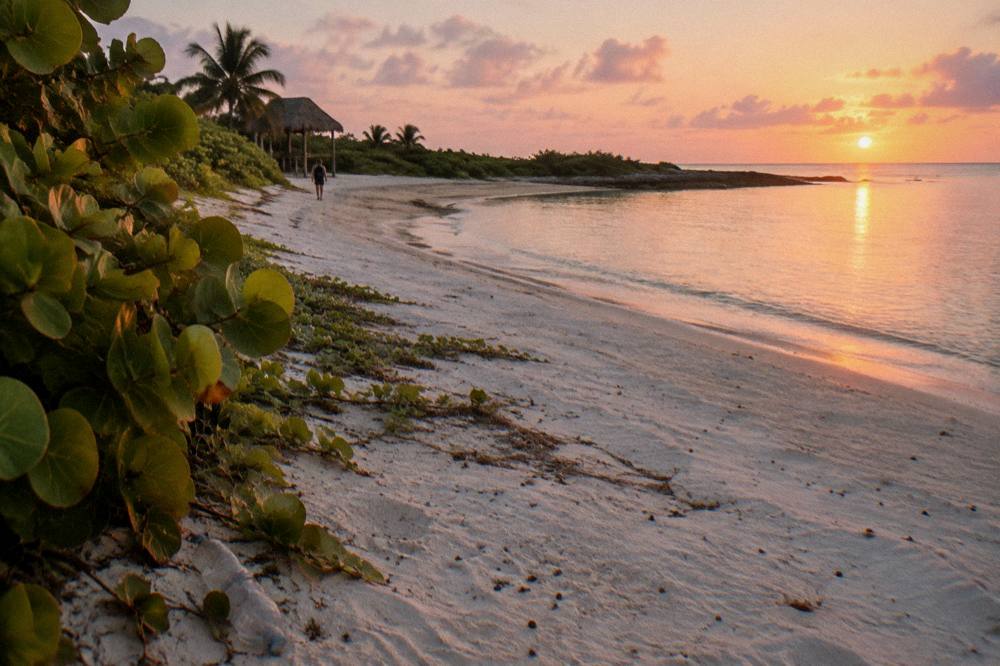 Empty beach and pale sand under low morning sun with calm shallow water