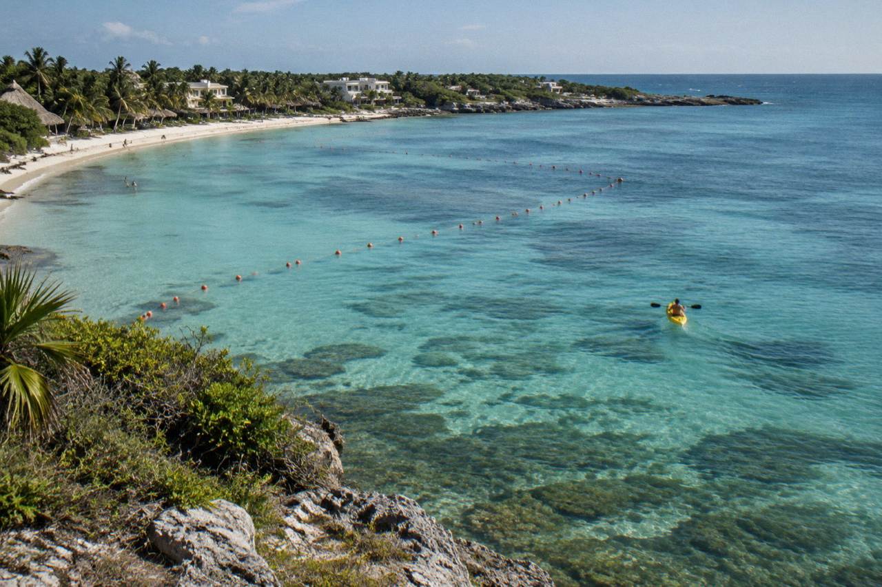 Calm turquoise bay with seagrass beds and a buoyed swim area below a bright morning sky