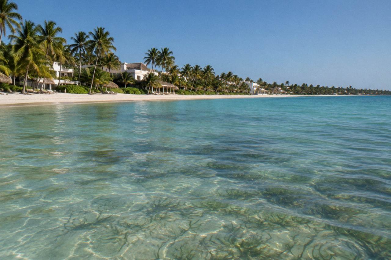 Wide view of a calm Caribbean bay with clear shallow water over seagrass and palms along the shore
