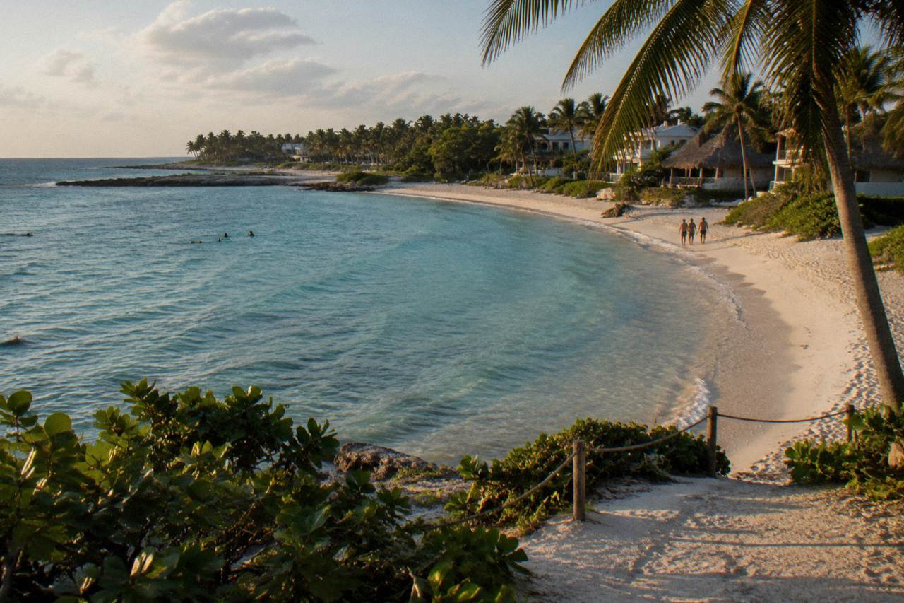 A crescent-shaped bay with pale sand and gently rippling turquoise water along a palm-lined shore.