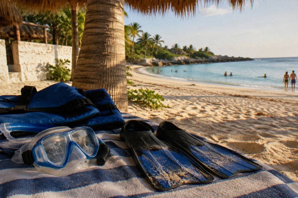 Snorkel mask, short fins and flotation vest laid out on a beach towel beside a shaded palapa