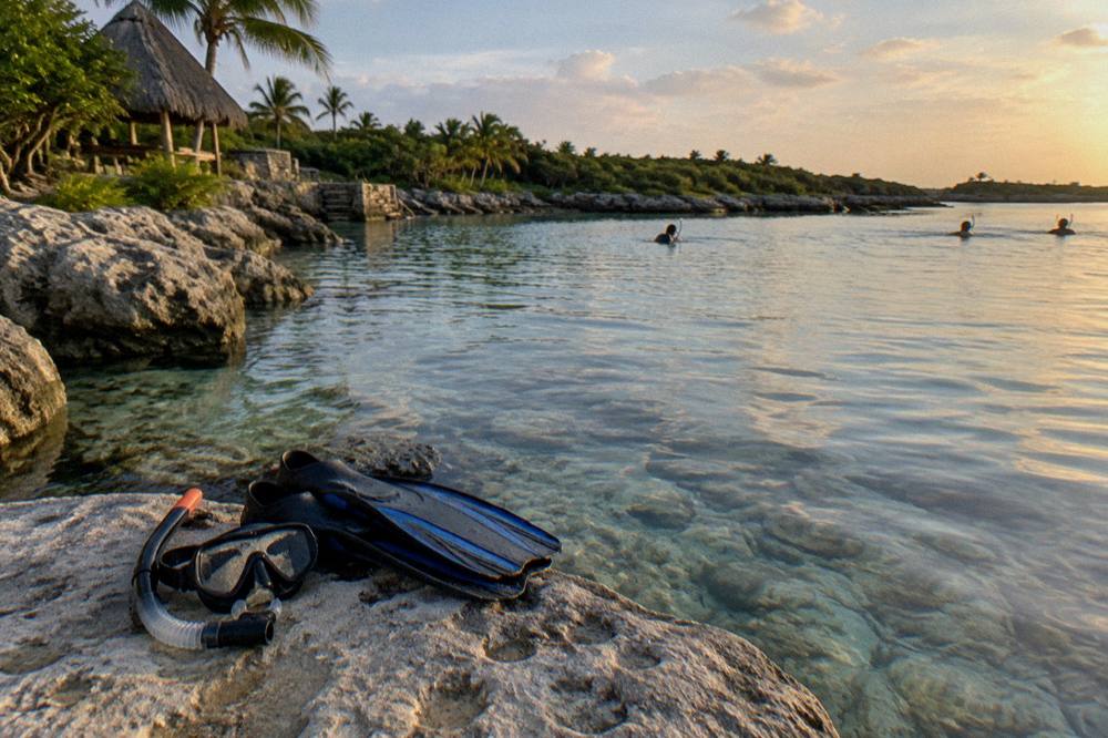 Snorkel mask and fins resting on a rock beside calm lagoon water